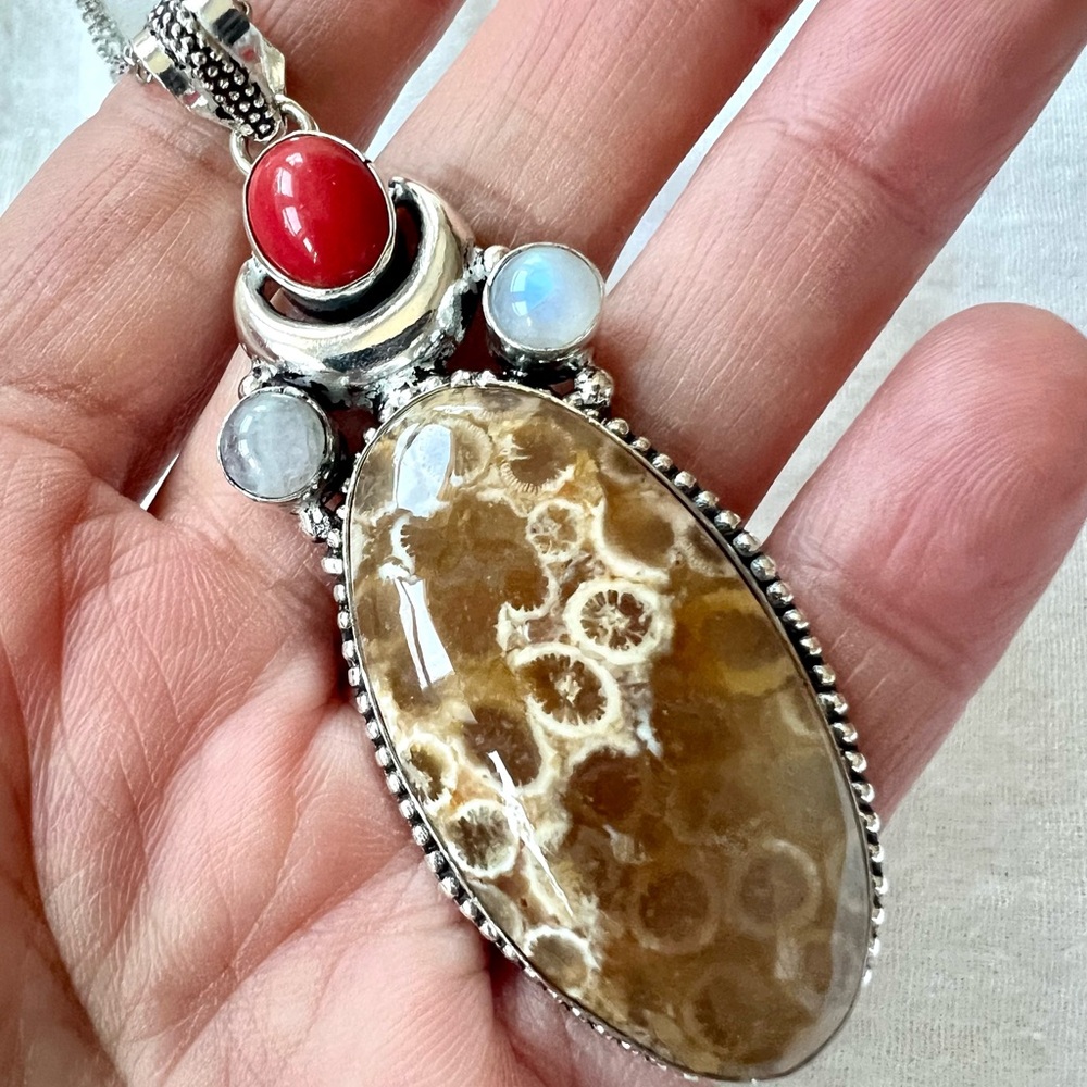 925 OMG OMG Fossil Coral Agate + Rainbow Flash Moonstone MOON Pendant Necklace